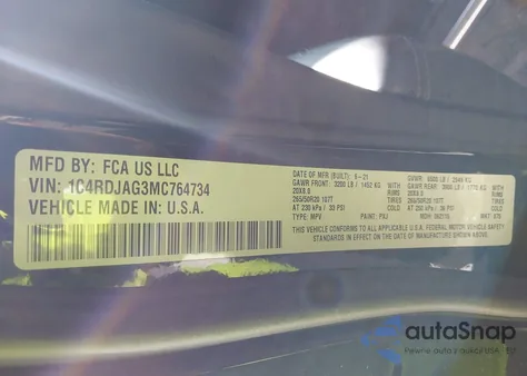 2021 Dodge Durango Sxt Plus Awd z USA, uszkodzony, nr VIN 1C4RDJAG3MC764734